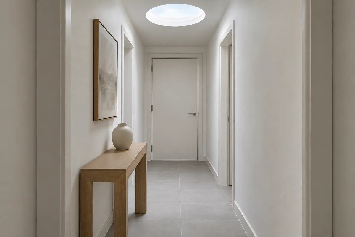 Couloir intérieur éclairé par un diffuseur circulaire au plafond, lumière naturelle douce sur des murs blancs