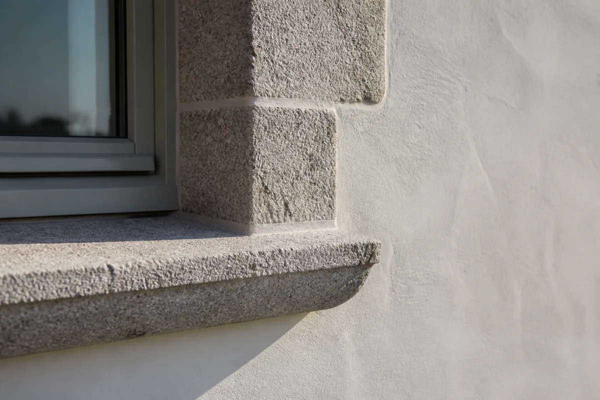 Détail d&rsquo;un encadrement de baie en granit sur une façade ancienne, modénature apparente