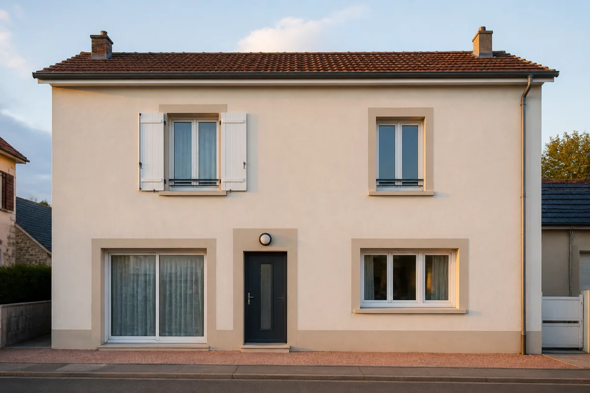 Façade enduite terminée après isolation extérieure, teinte claire et encadrements repris