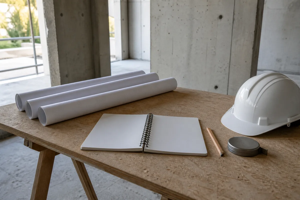 Table à tréteaux sur la dalle béton d&rsquo;une maison en construction, plans roulés et casque posé