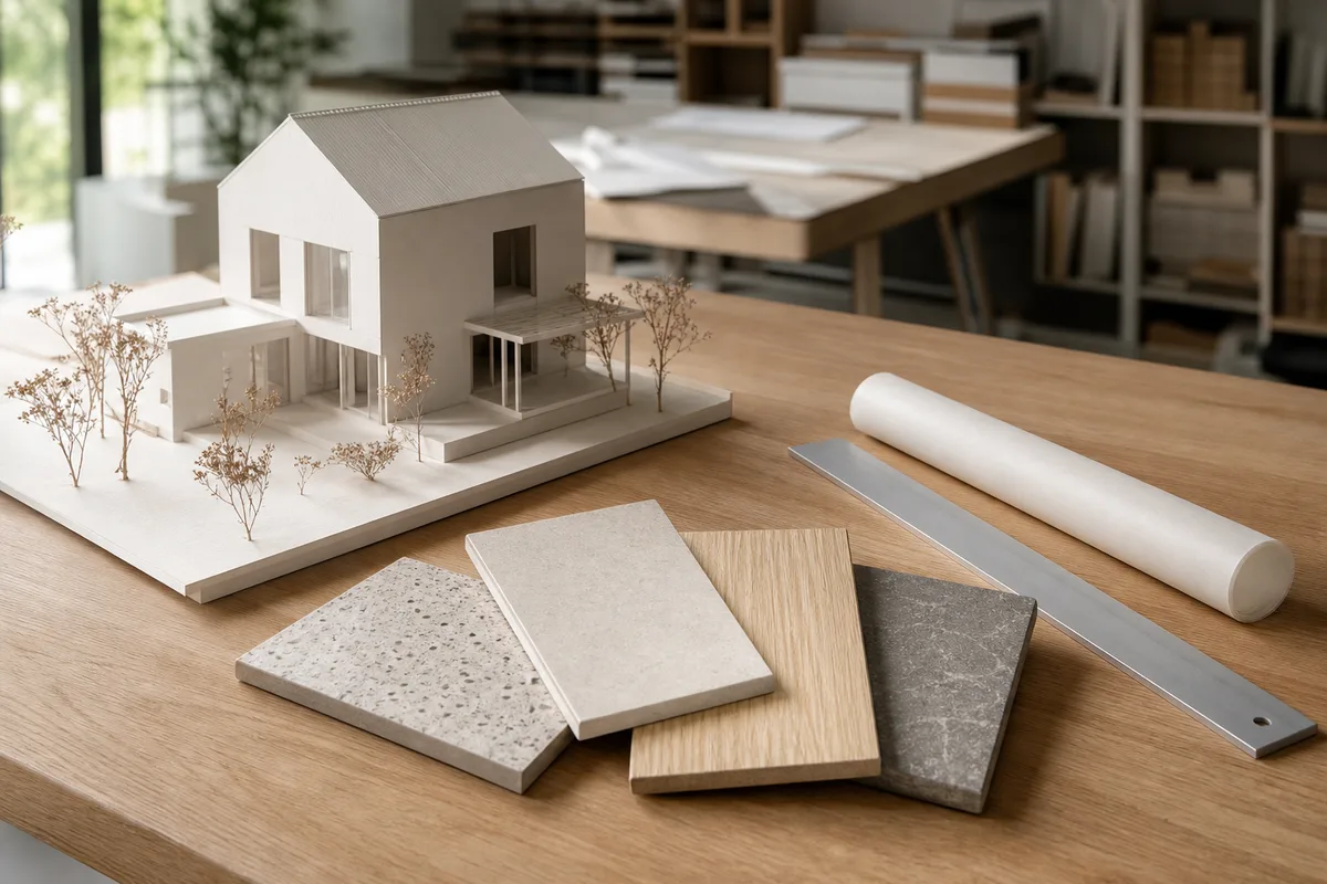 Bureau d&rsquo;agence d&rsquo;architecture avec maquette carton et échantillons de matériaux disposés en éventail