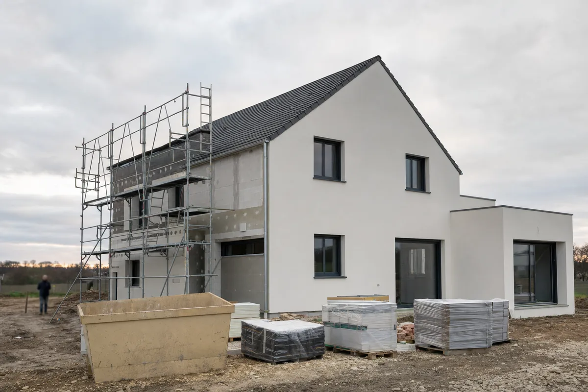 Façade de maison individuelle en fin de chantier, échafaudage partiellement démonté et benne de gravats