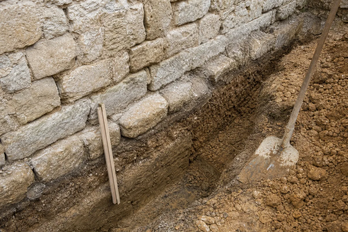 Tranchée de reconnaissance ouverte au pied d’un mur de soubassement en moellons de pierre