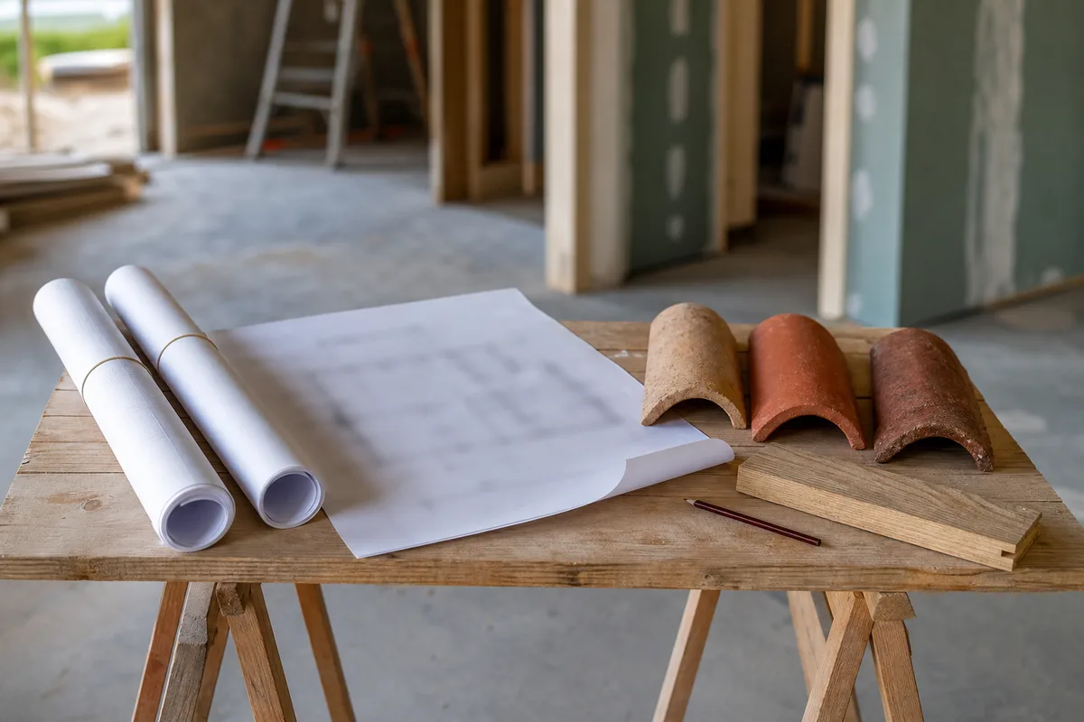 Plans d’architecte roulés et échantillons de tuiles posés sur une table à tréteaux de chantier