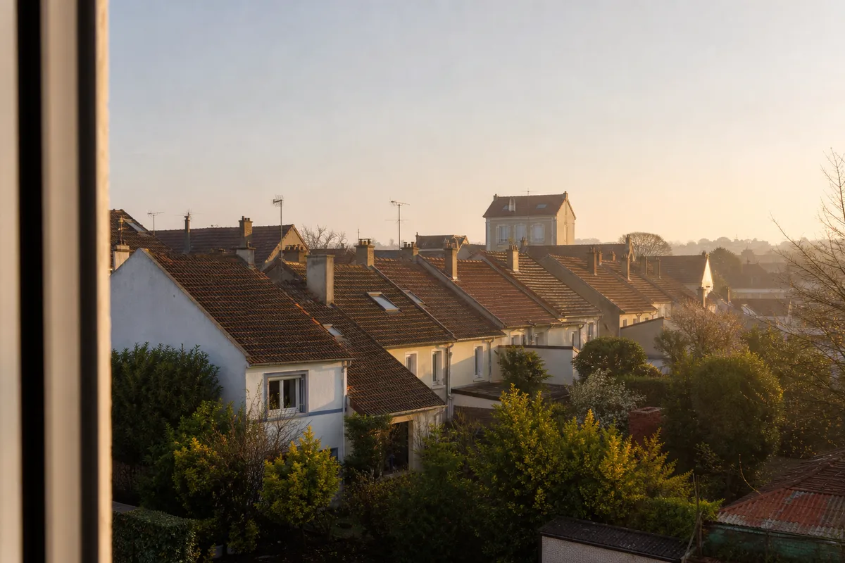 Toits mitoyens d’un quartier pavillonnaire français vus depuis une fenêtre d’étage en fin de journée