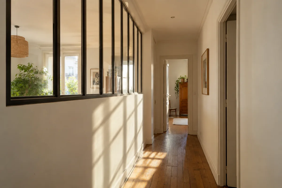 Lumière de fin de matinée traversant une verrière intérieure vers un couloir