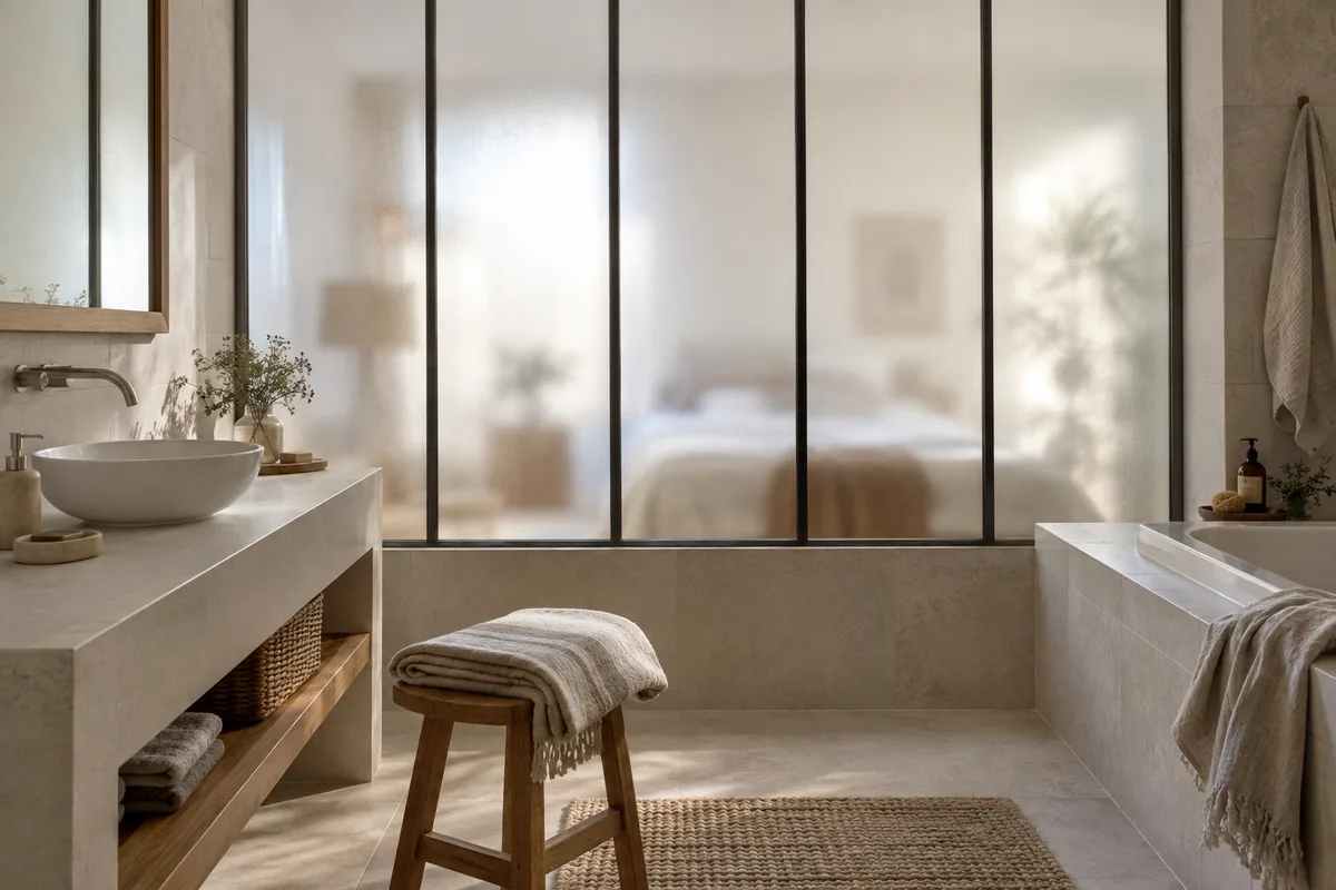 Salle de bain éclairée en second jour derrière une verrière au verre dépoli