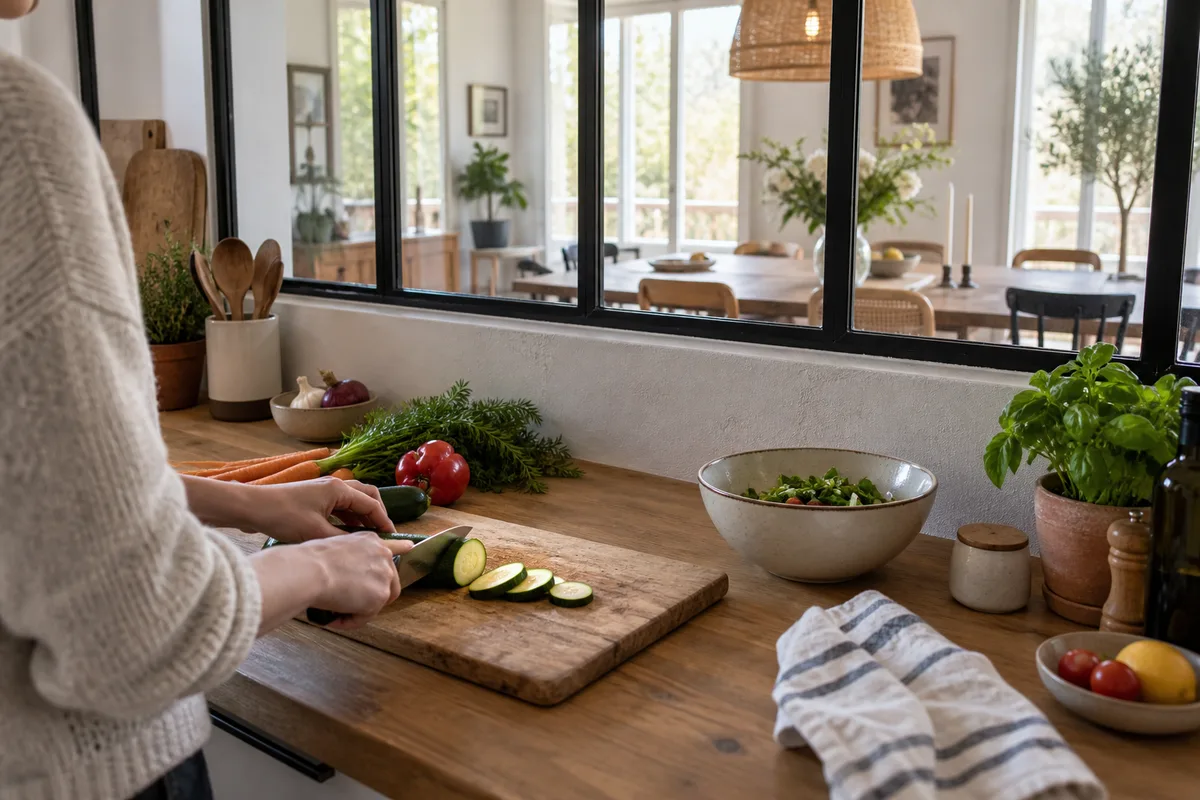 Verrière sur allège posée au-dessus d&rsquo;un plan de travail de cuisine
